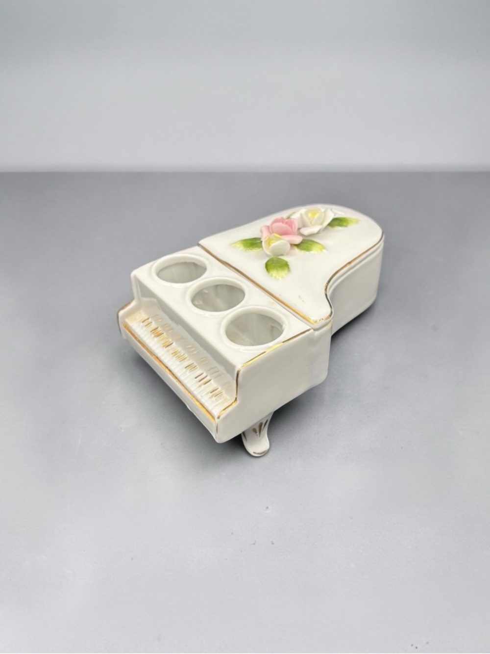 Vintage DeVilbiss Ceramic Floral Piano W/Gold Accents Candle Holder Trinket Box